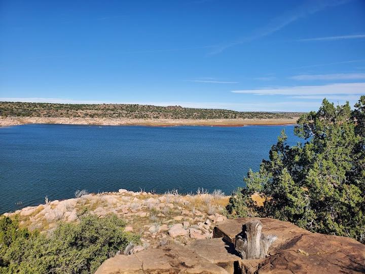 A breathtaking view of Conchas Lake from the top of a cliff within the State Park.