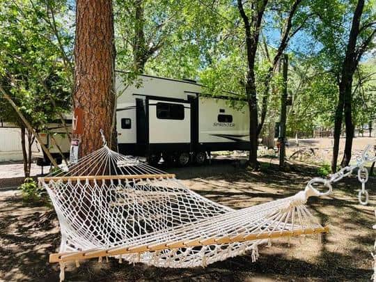 A hammock in the woods next to an rv at Riverview RV Park.